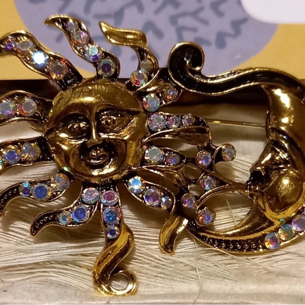 Gold Sun and Moon Brooch with Iridescent Accents made with a metal base